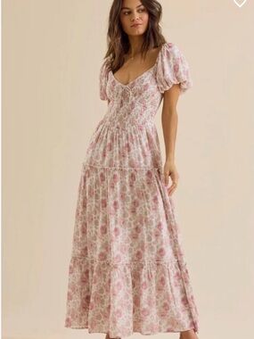 Altar’d State Zurie Ivory/Pink Multi Floral Puff Sleeve Maxi Dress Size XS